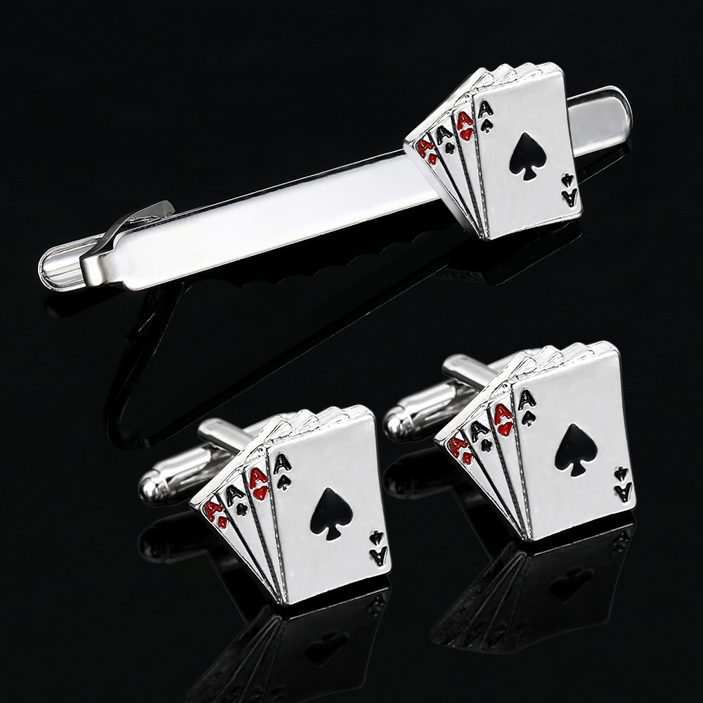 Men'S Fashion For 30 Year Olds - Kreatives Poker-Karten-Krawattenklammer- und Manschettenknopf-Set für Herren,