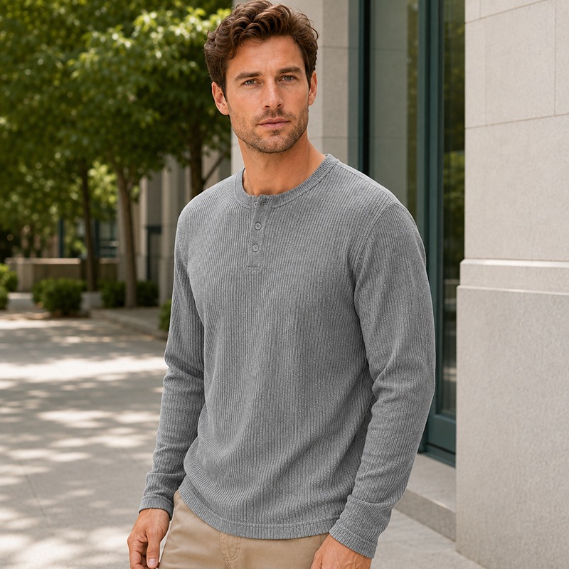 Men'S Fashion Color - Einfaches, modisches Langarm-Henley-Shirt für Herren, lässiges,