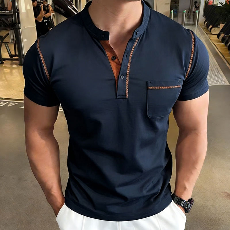 Mens Fashion Style - Neues Sommer-Herren-Henley-Kragen-Kurzarm-Golf-Poloshirt mit Persönlichkeits-Taschenstil, Lässiges Atmungsaktives
